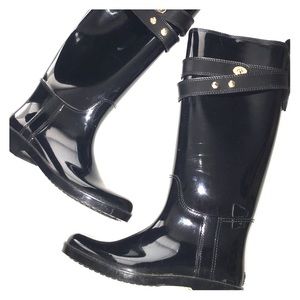 COACH Talia black wellies w/gold & leather straps